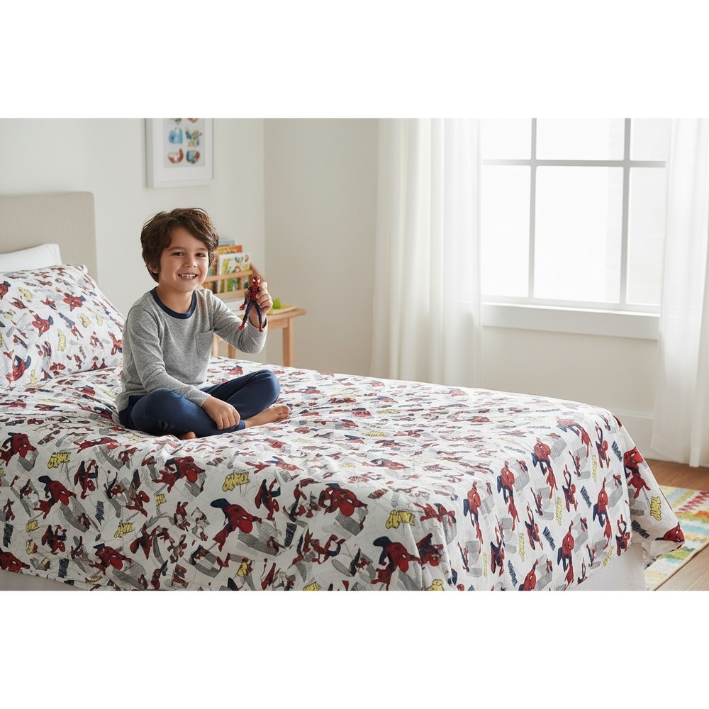 Marvel Spider-Man Flat Sheet Kids Twin White Red Very Good Action Comic Print